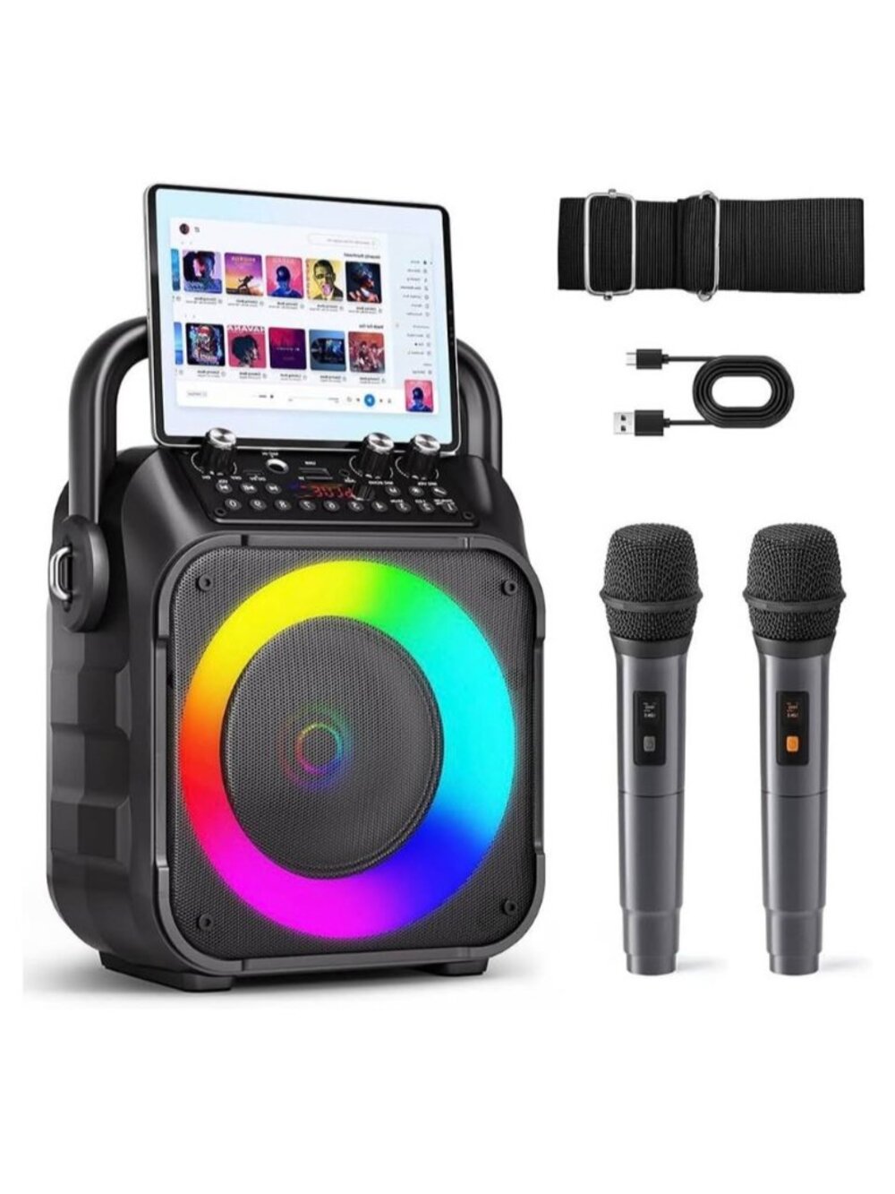 Portable Karaoke Machine with 2 Wireless Microphones and LED Lights